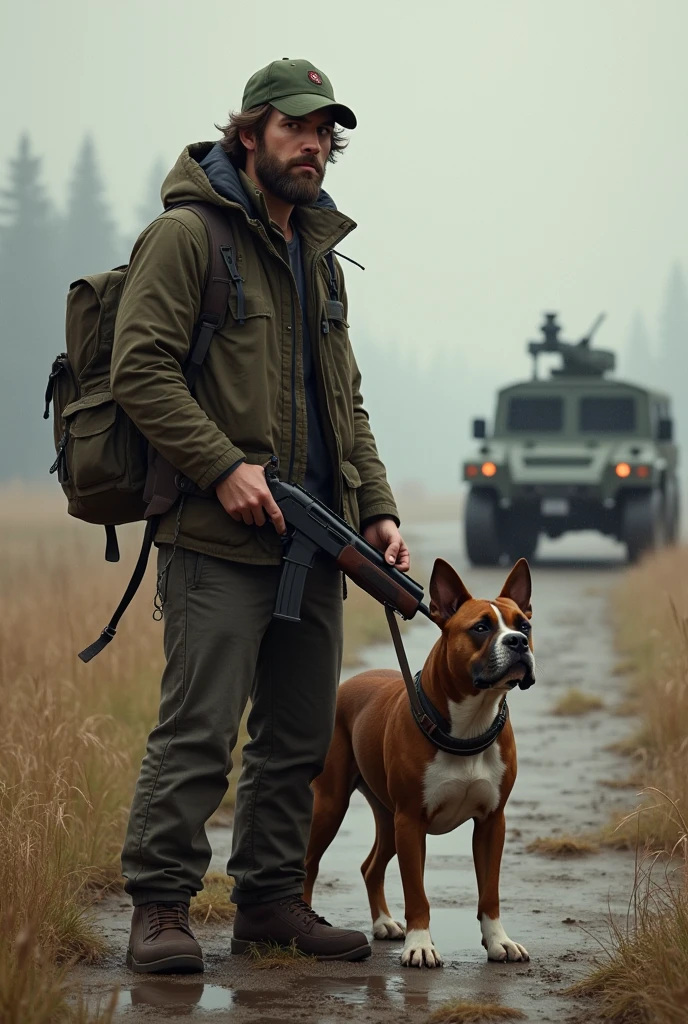 A hunter with a gun and a dog walks through a snowstorm in the snowy taiga