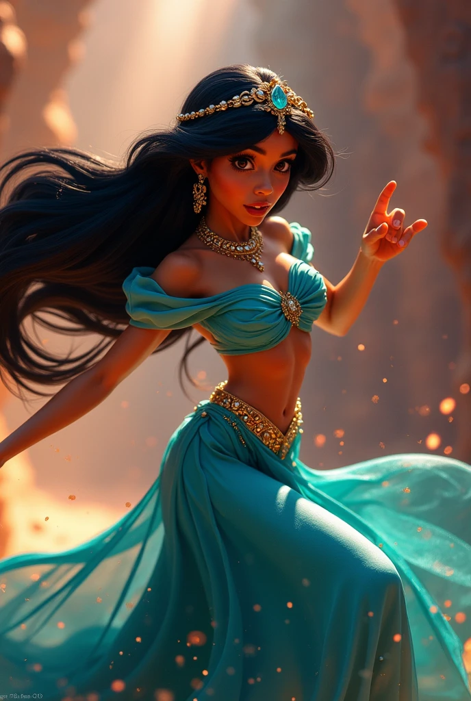 Stunning Princess Jasmine, photo in 8k, in action, cinematic.