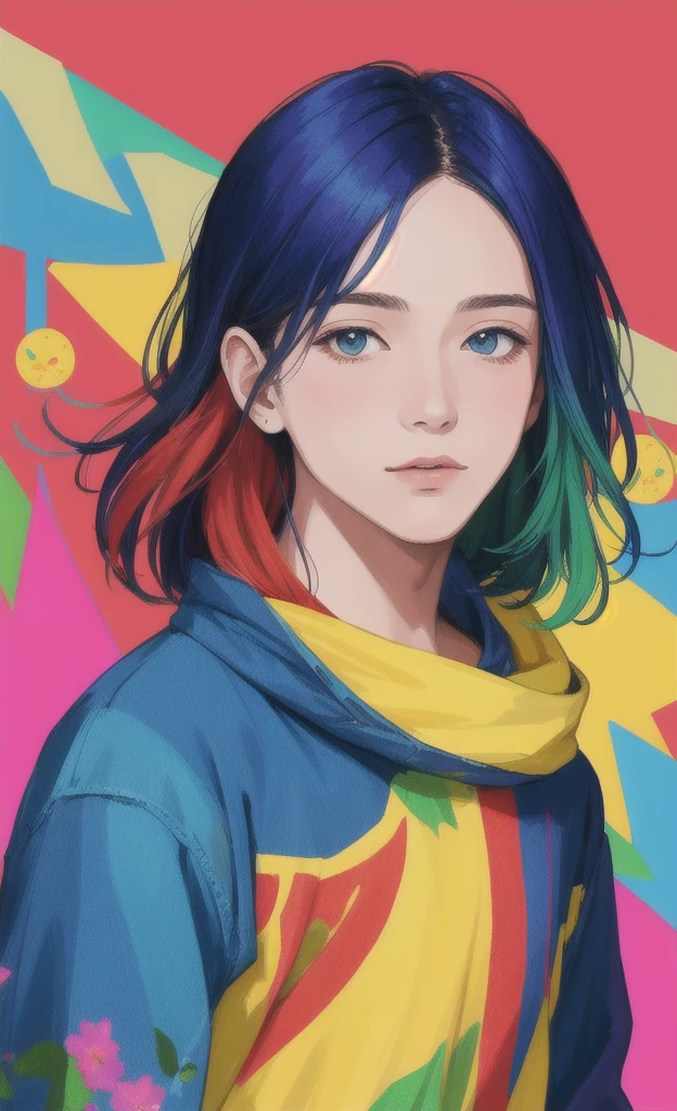 masterpiece, best quality, highres, high quality, 1boy, solo, male focus,  multicolored hair, realistic, colorful background, (2D:1.2),(flat color:1.2),(colorful:1.4), floating,