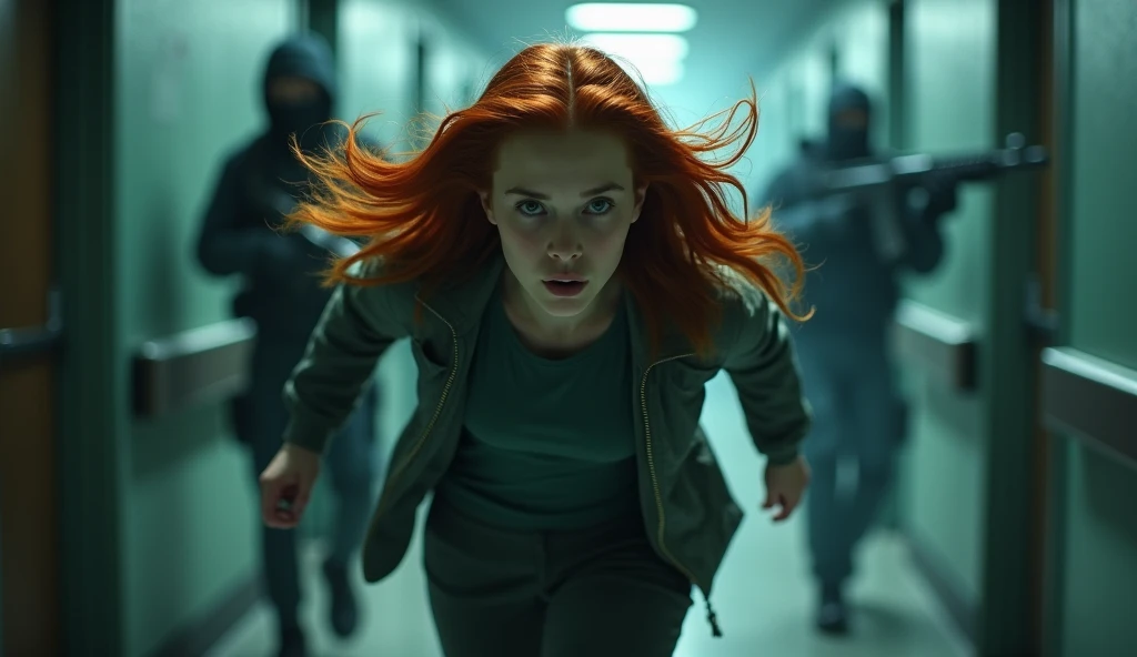 Redhead woman running away from echoes running in the darkness in fear,standing backwards 