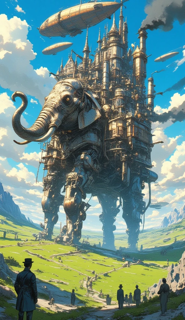 A steampunk-inspired, self-moving castle designed to have the silhouette of an elephant without looking exactly like one. The structure is an unsymmetrical and complex fusion of mechanical parts, gears, and steam-powered engines, with large metallic legs resembling an elephant's, a trunk-like front, and steam pipes forming tusk-like shapes. The body of the castle is a blend of industrial elements and steampunk designs, featuring smokestacks emitting black smoke and small houses built onto its sides. The castle is galloping. Above the moving castle is a giant steampunk airship. In the foreground, a few gentlemen in Victorian steampunk outfit look on. The backdrop is a lush, grassy plain with rocky terrain and a blue sky filled with clouds, evoking a mystical, cinematic atmosphere reminiscent of Studio Ghibli's art style. The image is slightly blurry caused by the amount of smoke the castle emits.