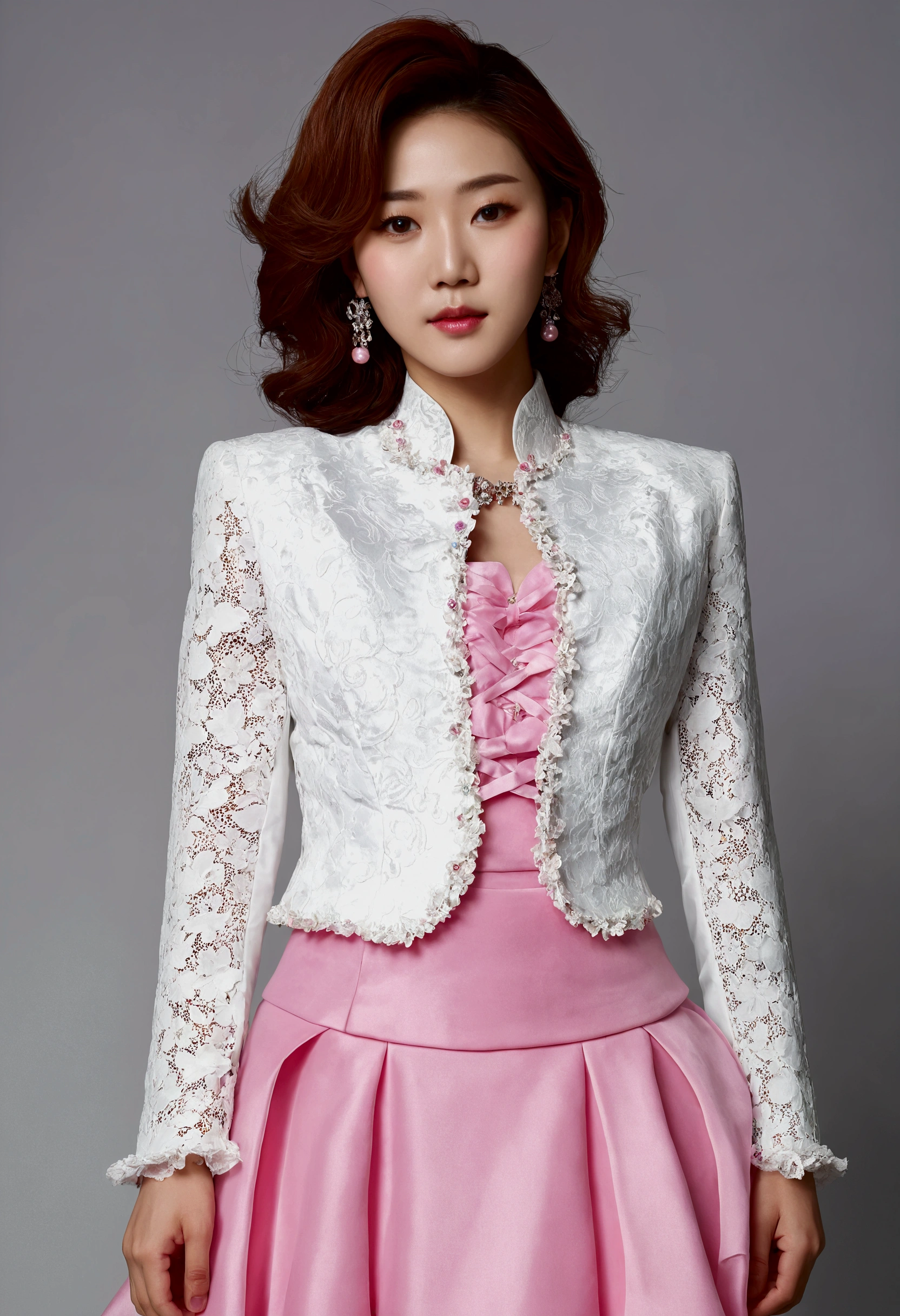 A Korean man is wearing a ladies' skirt suit, a beautiful skirt suit, he is a crossdresser, he has big breasts on his chest like a woman's, his face is very masculine, his hair is masculine short, pink and white, frills and lace. Decoration, lady's dress, two-piece, cropped jacket, small jacket, round neck jacket, China collar jacket, mermaid dress