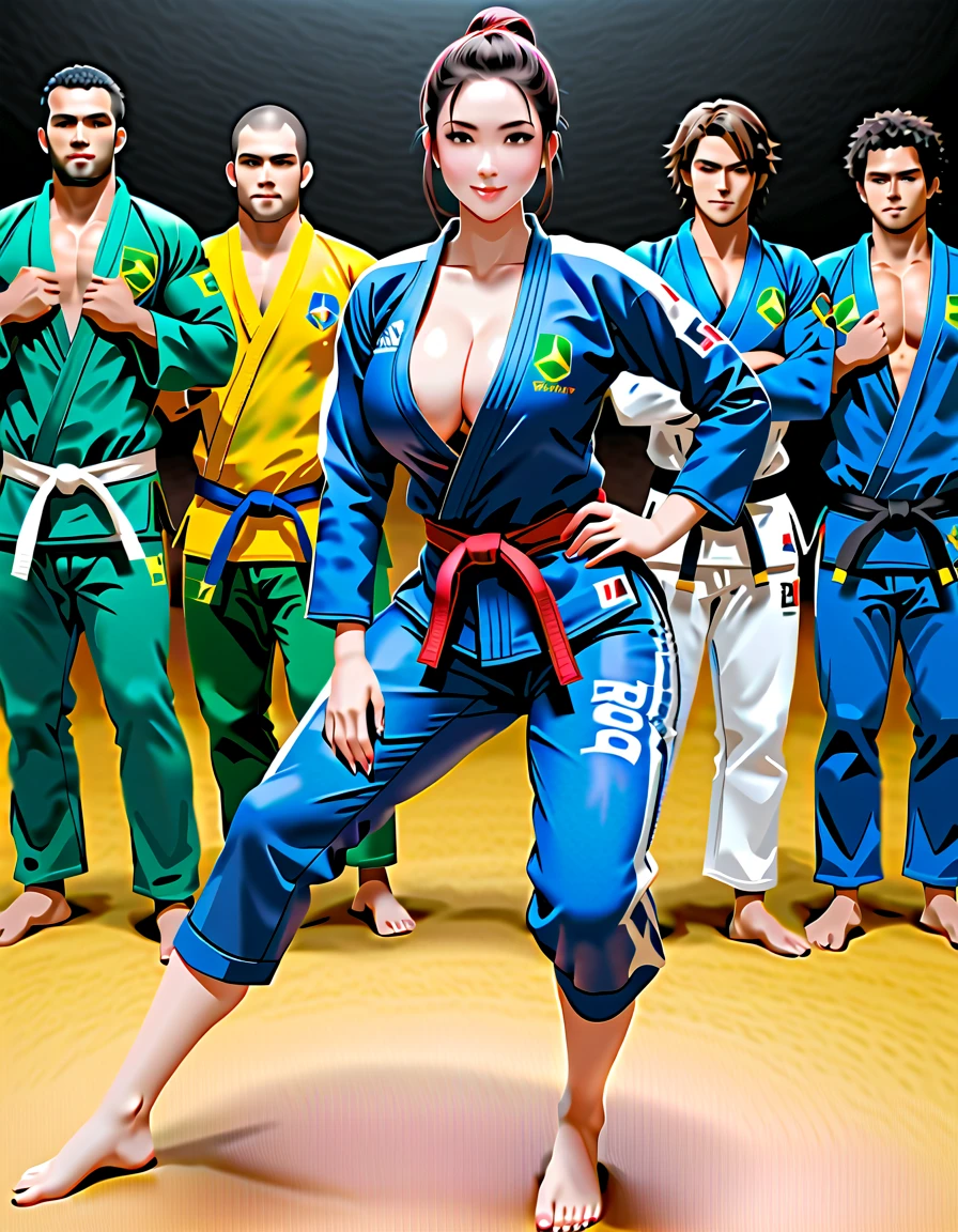 (8k, RAW photos, A masterpiece of quality: 1.2), (realistic, photorealistic: 1.37), ((A little cleavage 1.3)),2 Brazilian Jiu-Jitsu athletes, ((Big breasts 1.2)), ((Sweaty 1.5) ), ((Shiny skin 1.4)), two Brazilian Jiu-Jitsukas, ((A beautiful face like a Japanese actress 1.3)),(((Brazilian Jiu-Jitsu suit with black belt))) , ((Shorts)),2, standing, long shot, ( Full body shot: 2), Glamorous body,((slim body)),Look at your viewers, Pose for photoshoot, Firm posture, Long shot photography, Detailed face, (smile), (perfect eyes) ,(perfect hands) (perfect Fingers), (perfect legs),(thighs), (full body photography: 2),pinning each other on the ground, showing their pinning hold