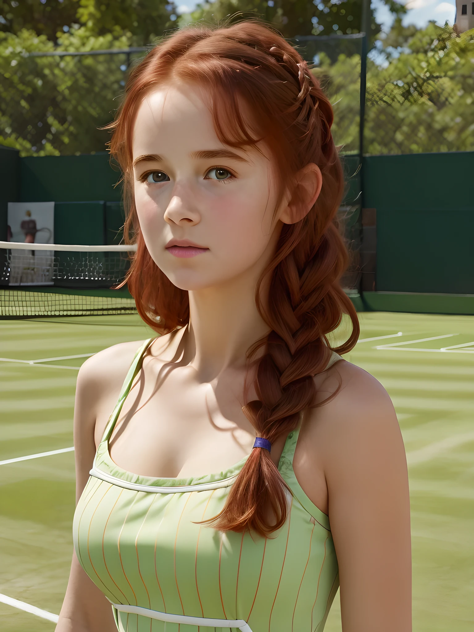 (best quality,4k,8k,highres,masterpiece:1.2),ultra-detailed,(realistic,photorealistic,photo-realistic:1.37), ((girl wearing tennis dress, solo, shy)), ((very large bust size for her young age)), braided red hair, pale skin