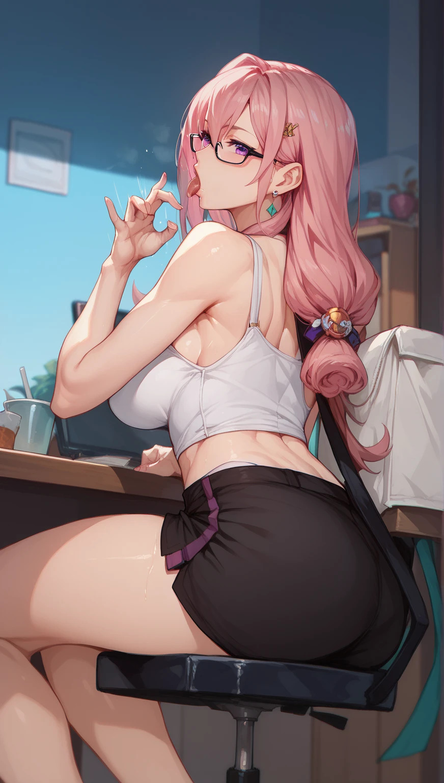 tsukishiro_yanagi, purple eyes, pink hair, long hair, hair ornament, glasses, earrings, fellatio Gesture From Side