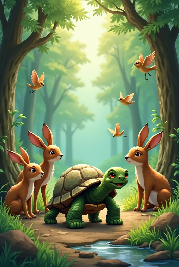 A little turtle,  and many other forest animals that play for a children's book 
