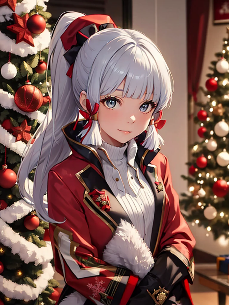 1woman, wearing a Christmas outfit with a red Christmas hat and jacket, near a indoor Christmas tree, Christmas winter season, silver colour hair, Ayaka's ponytail hair style, 8k, high detailed, high quality, high accuracy