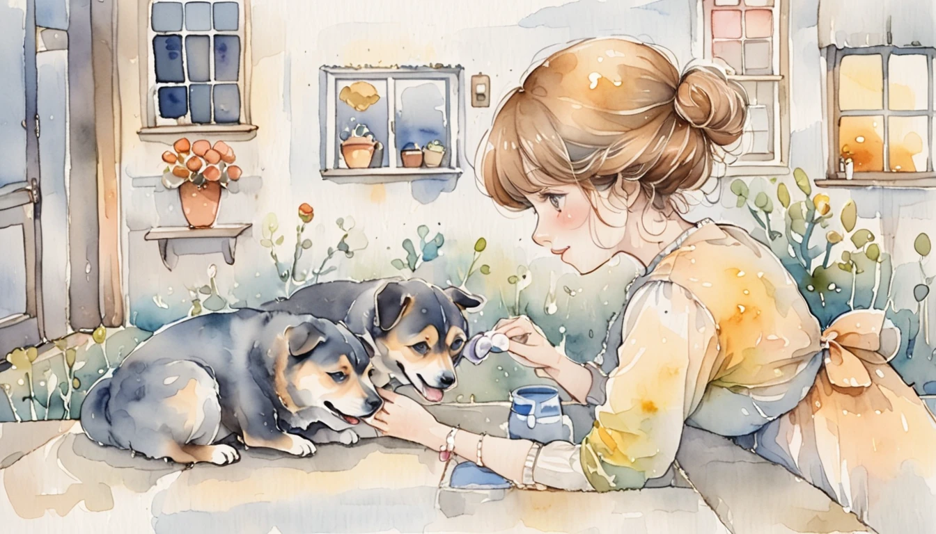 32K, Woman playing with dog , Watercolor, Cute pop illustrations,