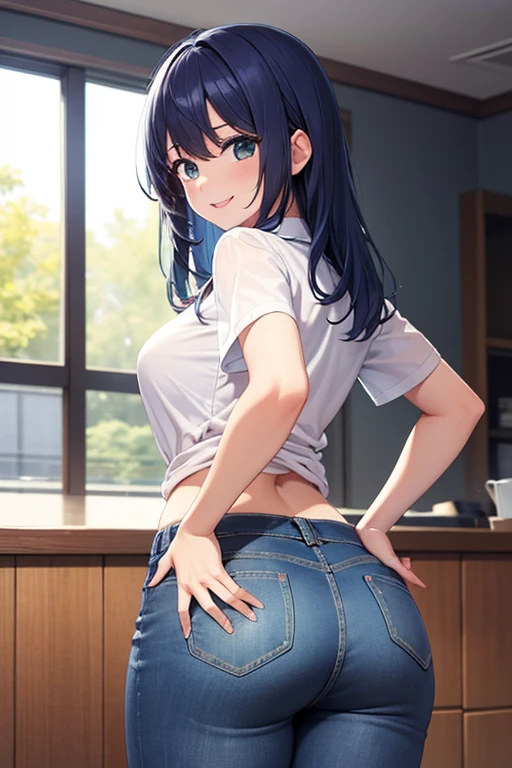  a woman, aldult,，Akane Kurokawa， long blue hair, Smile,  white shirt , roll up sleeves,  htmalina ,  Blue Denim Pants,  Red Ribbon to Show Her Ass ,  Rounded Hips , 4K