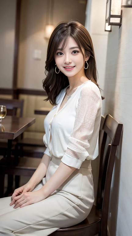 (detailed skin:1.2),(shiny skin:1.1),8k,best quality, masterpiece, ultra high res,Woman sitting on a bench on a pier、Full body photo、Long sleeve blouse、Knee-length skirt、tights、pumps、Light brown hair、hairstyle semi long、Ear piercing、Necklace around the neck、smile、Beautiful teeth alignment、Pier at night