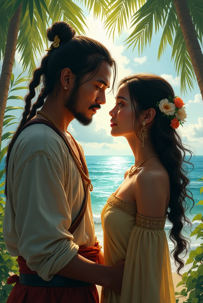 Couple (((male)), fashion shoot, (full portrait), (half), solo, detailed background, detailed face, (stonepunkAI, stone theme:1.1), wise, (beautiful hair, braid: 0.2), shaman, septum harsh, mysterious, (gorgeous face), stunning, head tilted up, (calm expression), calm, intimate interaction, sea bubble green worn clothes, rosary, Tribal ornaments, feathers in hair, headdress: 0.33, emerald, obsidian, detailed clothes, realistic skin texture, (floating particles, water swirls, embers, rituals, whirlwinds, wind: 1.2), clear focus, volumetric lighting, good highlights, good shadows, subsurface scattering, complex, highly detailed, ((film)), dramatic, (highest quality, award-winning, masterpiece: 1.5), (realism: 1.5),