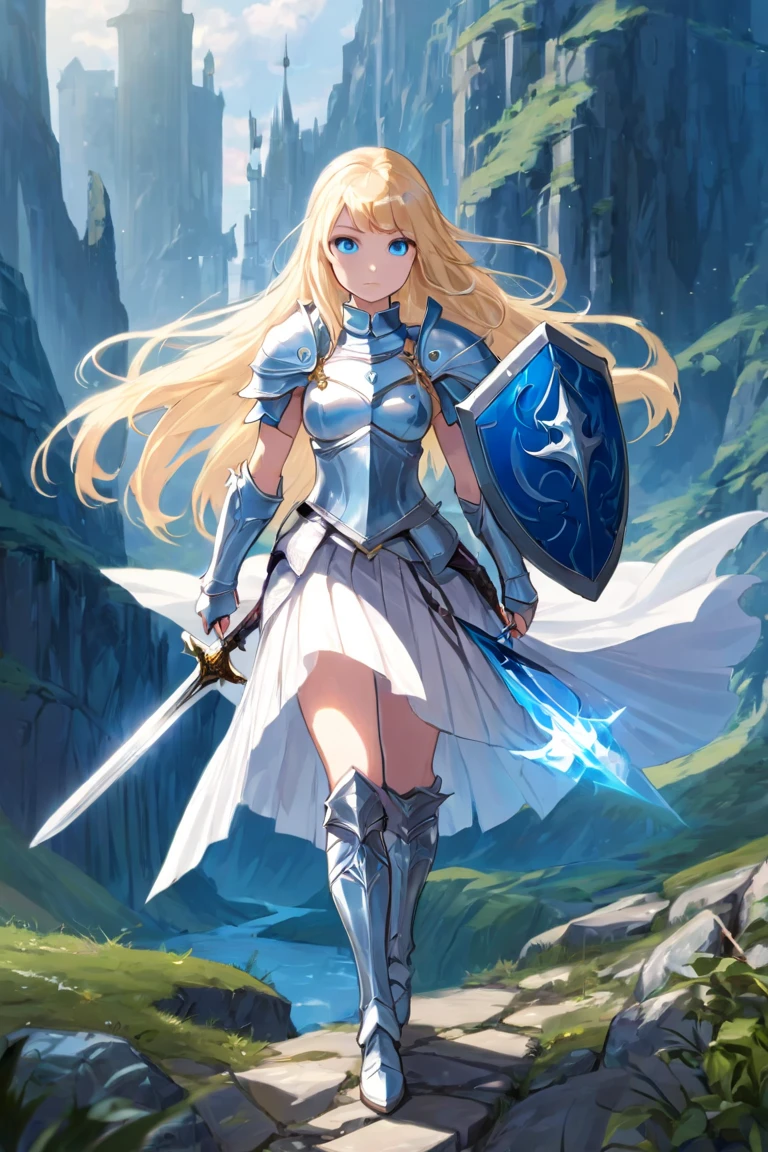 A beautiful magical girl warrior, long blonde hair, blue eyes, small breasts,Fantasy cropped armor  white pleated skirt. Tiara, sword and shield she goes on an adventure trip She walks through an imaginative landscape