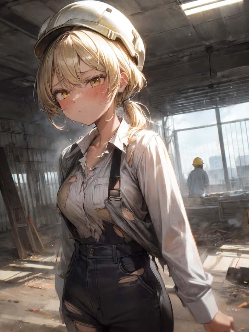 (masterpiece, highest quality:1.2), (1 girl) , 
(construction worker),  long sleeve shirt, work pants,  yellow hard hat ,
construction site, crane, building under construction , Sweat, (The sides of white shirt are showing through sweat) , (Dirty clothes)
, (eyes half closed), (large tears), (lots of drool), The body shakes violently, ((Hasselblad Photos)), [:(detailed face:1.2):0.2], 
(Silver ponytail hairstyle)
 , (Cute tattoo) ,  , (torn clothes:1.5)