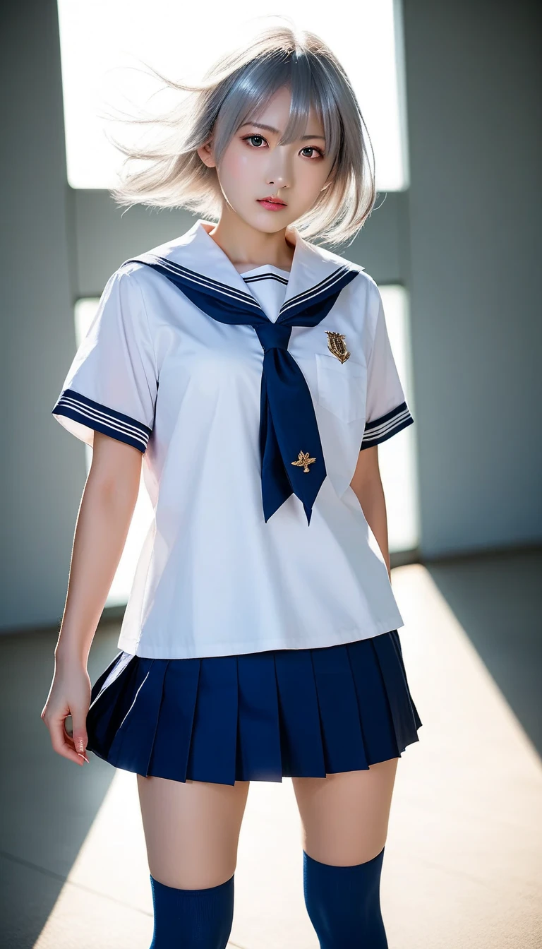 ((Best Quality, 8K, Masterpiece: 1.3)), Full Body, Clear Focus: 1.2, Outstanding Beauty: 1.4, Strong Abs: 1.2, ((Bald: 1.2)) Bald Head, White School Uniform, Highly Detailed Face and Skin Texture, Detailed Eyes, Double Eyelids, Freckles Under Both Eyes, Hands on Face, --v 6