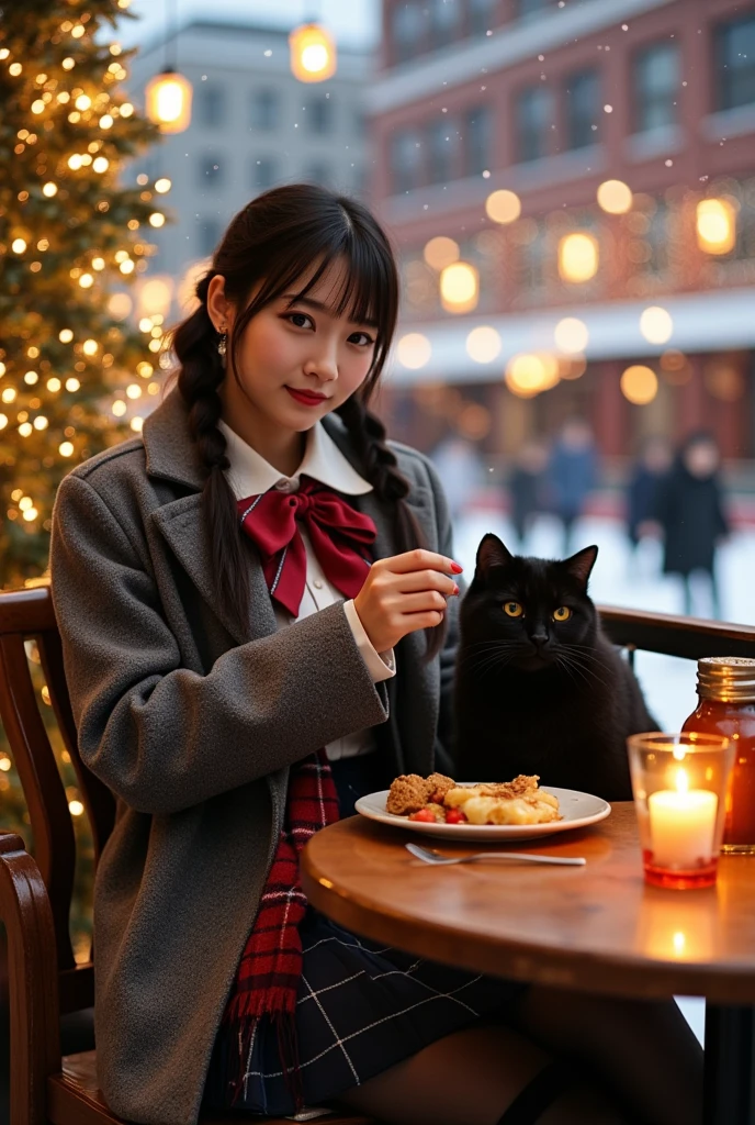 ultra-realistic, photorealistic, dramatic scene, shadow, global-illumination, solo, (teenage Japanese famous idol girl), very beautiful fragile Japanese girl, very beautiful with very cute but boyish cool face, (very large breasts), slim waist, (wearing a gray colored Japanese high school cute uniform of white shirt with blazer and skirt), (red ribbon), (stylish winter coat), ((checked dark red woolen scarf)), (She is wearing dark navy tights), (very large breasts), her giant fat black cat is mewing on the table, (She is enjoying a light meal of a hamburger set at an outdoor cafe adjacent to the skating rink in the red brick warehouse district:1.3), sitting at the antique wooden seat, the warehouses are festively decorated with Christmas illuminations, she looks so happy, happy smile, (there are festively decorated Christmas trees), many people are ice skating at the skating rink, professional lighting, warm lighting at the cafe, candles on the table, 