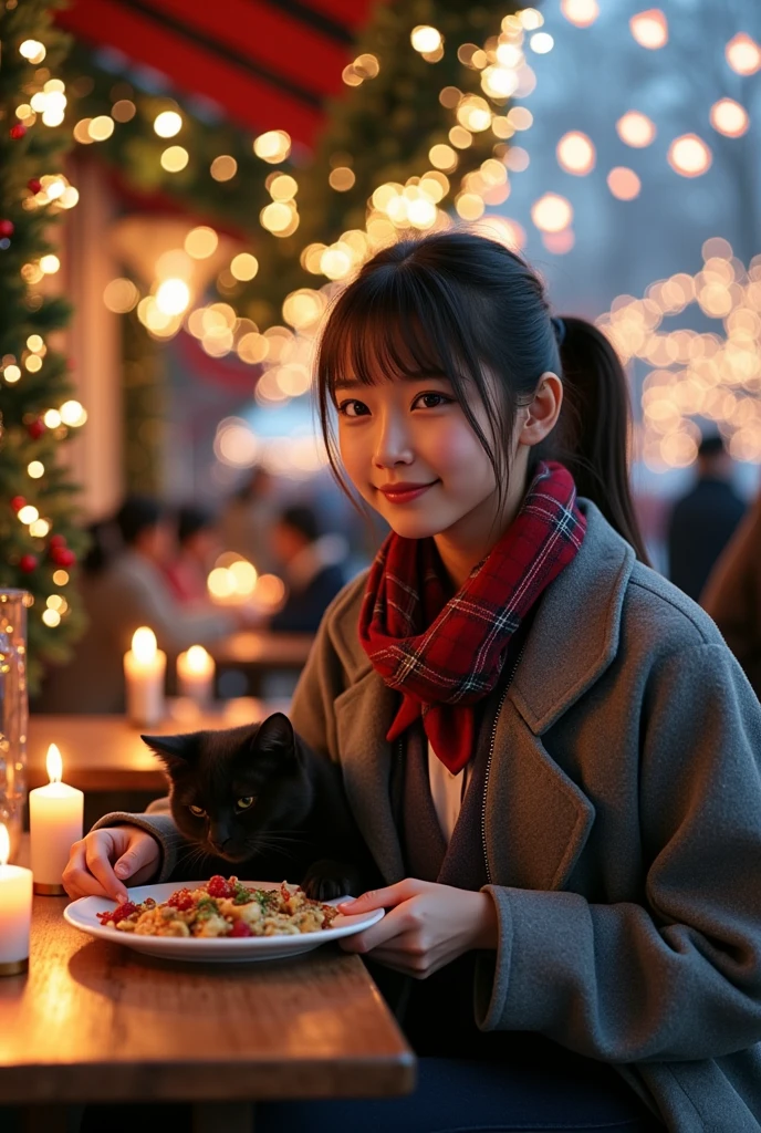 ultra-realistic, photorealistic, dramatic scene, shadow, global-illumination, solo, (teenage Japanese famous idol girl), very beautiful fragile Japanese girl, very beautiful with very cute but boyish cool face, (very large breasts), slim waist, (wearing a gray colored Japanese high school cute uniform of white shirt with blazer and skirt), (red ribbon), (stylish winter coat), ((checked dark red woolen scarf)), (She is wearing dark navy tights), (very large breasts), her giant fat black cat is mewing on the table, (She is enjoying a light meal of a hamburger set at an outdoor cafe adjacent to the skating rink in the red brick warehouse district:1.3), sitting at the antique wooden seat, the warehouses are festively decorated with Christmas illuminations, she looks so happy, happy smile, (there are festively decorated Christmas trees), many people are ice skating at the skating rink, professional lighting, warm lighting at the cafe, candles on the table, 