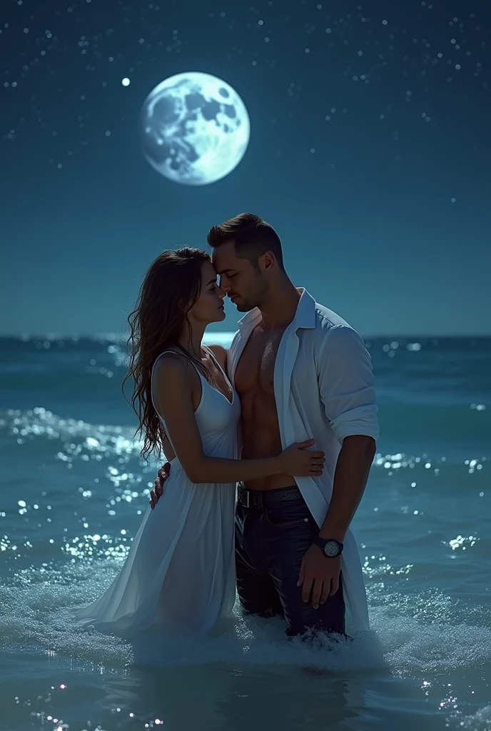 Sexy long haired mature MILF woman, of Latin features, 3 short brown hair, with very large breasts. is in a futuristic room, a starry background with two moons, She wears a lace robe-style nightgown, with details of stars and planets, She is sitting on the legs of a 20 year old boy, They smile as they look at each other