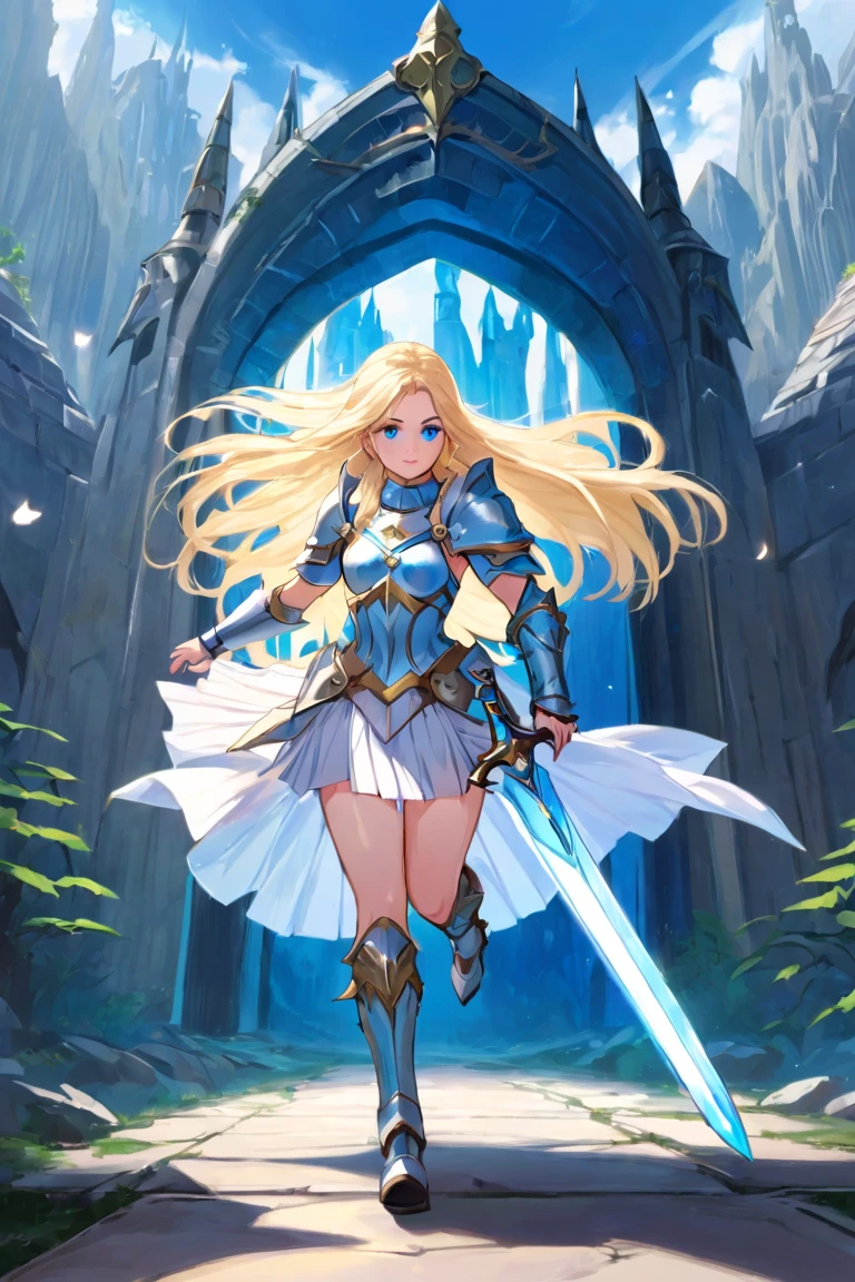 A beautiful magical girl warrior, long blonde hair, blue eyes, small breasts,Fantasy cropped armor  white pleated skirt. Tiara, sword and shield she goes on an adventure trip She walks through an imaginative landscape