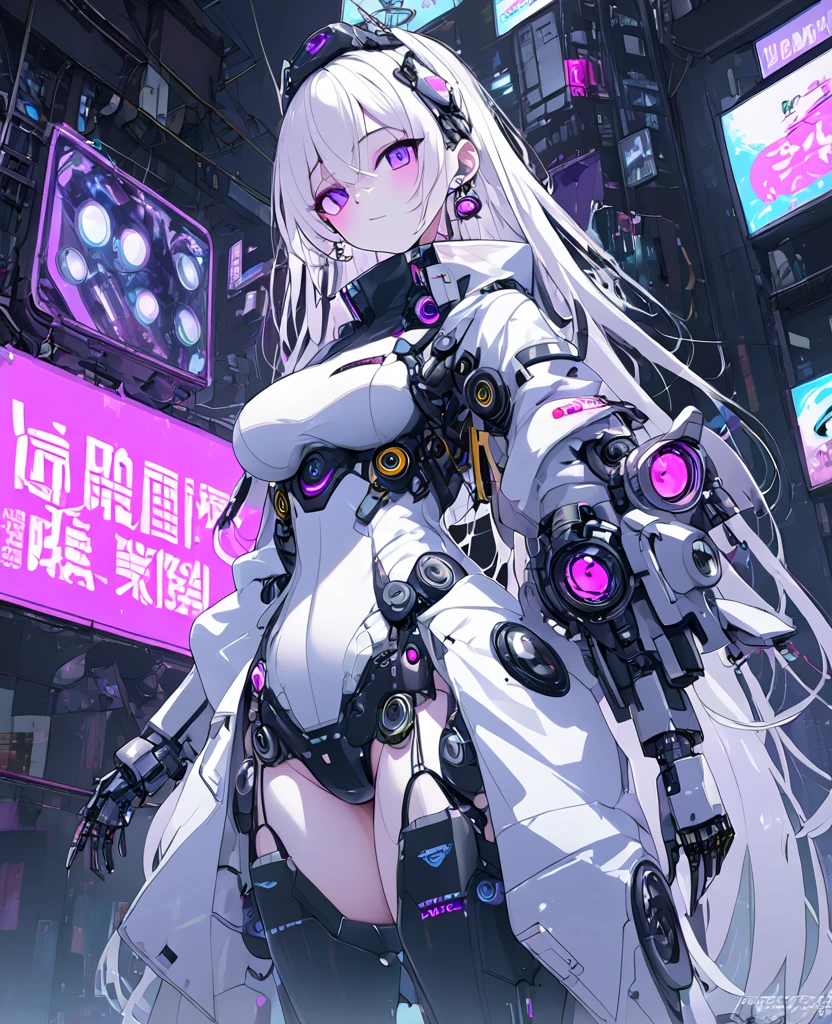 1 Girl, Solo, futuristic cyborg android, Colorful, purple Eyes, Cyberpunk, Mechanical Scrap Zone, Cityscape, Earrings, Long Messy White Hair, Mechanical Hat, Mechanical Body, Robotic Arm, Mecha, Robot girl, Mechanical Maiden, Neon Lights, Beautiful Lights, Character Focus, CG Illustration, 8k Resolution, Very Detailed, Anatomically Correct, Digital Painting, Concept Art, Clear Picture. Monochrome. Purple lights. Black lights.), Futanari, cock, condom, bath, penthouse.