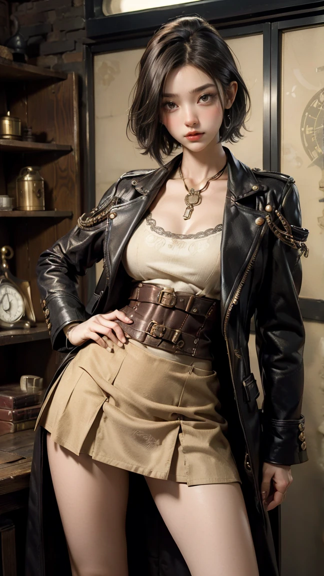  Hieroglyphic Mysticism ,  Steampunk のメカニックガール,Industrial Background,  perfectly detailed face , goggles,  Steampunk ,  beige tweed fabric pleated skirt , (leather boots :0.8),  intricate brass accessories . masterpiece, illustrated,  high definition, Industrial Background,  retro futuristic ,(( perfect face)),  beautiful face, short hair, Perfect Proportions , sexy、 Very Detailed ,  Harmonious Colors , Shallow focus,  double eyelids , messy hair standing in the way,  , Healthy women,  sexy ,Tight outfit、 Bold Poses,Japanese woman&#39;s face、Intricate embroidery、 belly button out、 tube top 、 Garter Belt 