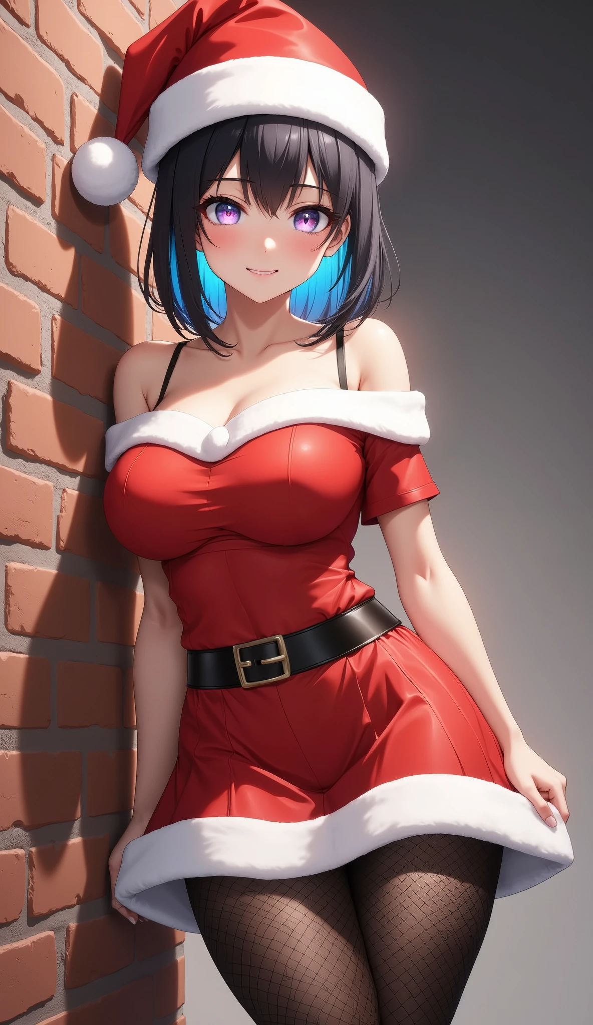  1 Woman ,  beautiful skin,  fine skin, Vibrant Hair, Beautiful Sparkling Eyes , (Random and colorful hair colors, Random Hair Arrangement ),  Thin Waist ,  slender body, Busty:1.2,  See Through Santa Costume :1.2,  see-through mini skirt , Shiny thighs, ( fishnet tights:1.6,  leaning against wall :1.4), Brick wall background:1.4, A rich expression, smile,  High Quality ,  high definition , masterpiece:1.2
