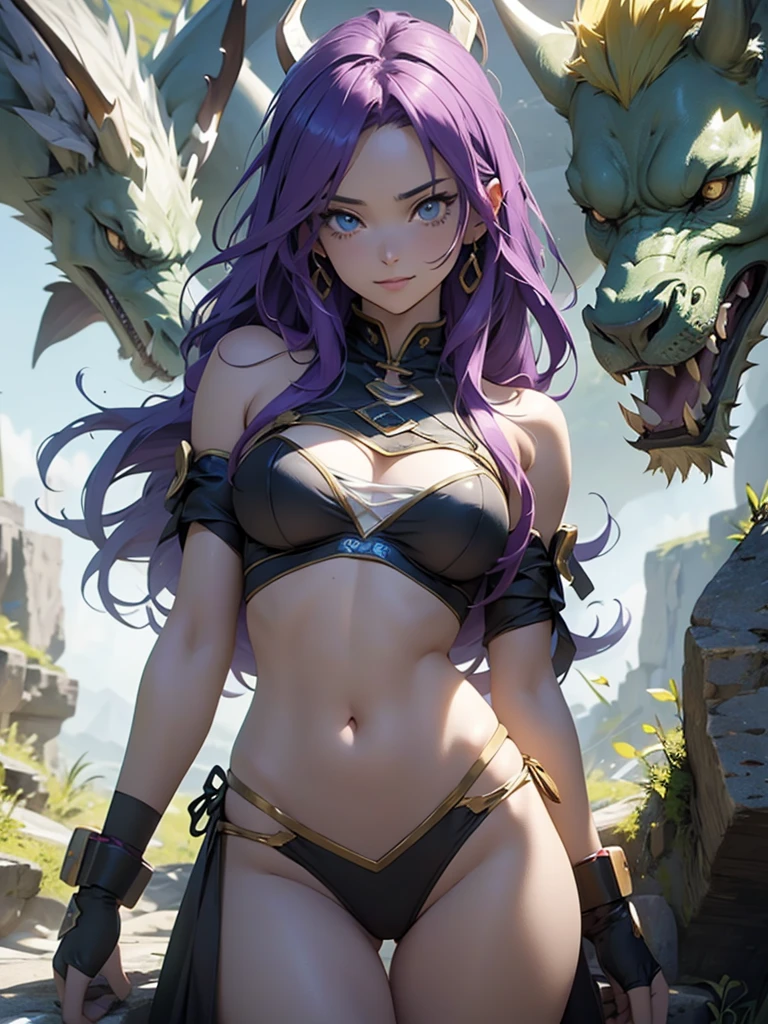 masterpiece Lizardman attacking Fighting Woman(Very long fluffy purple hair) dignified face White armor with tube top revealing chest beautiful small bust Different world dark dungeon