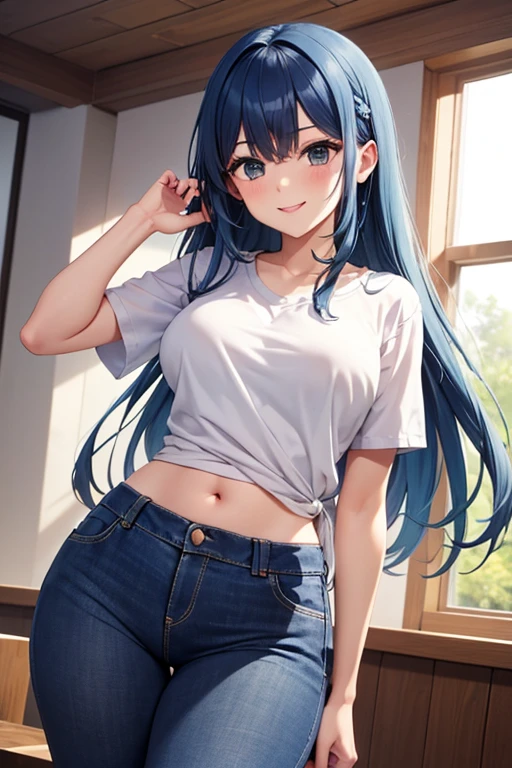   a woman, aldult,， Amyo Kurokawa ， Long blue hair , Smile,   white shirt  , Roll up your sleeves,   ,    blue jeans  ,   red braid to show off her hips ,  Round Hips  , 4K