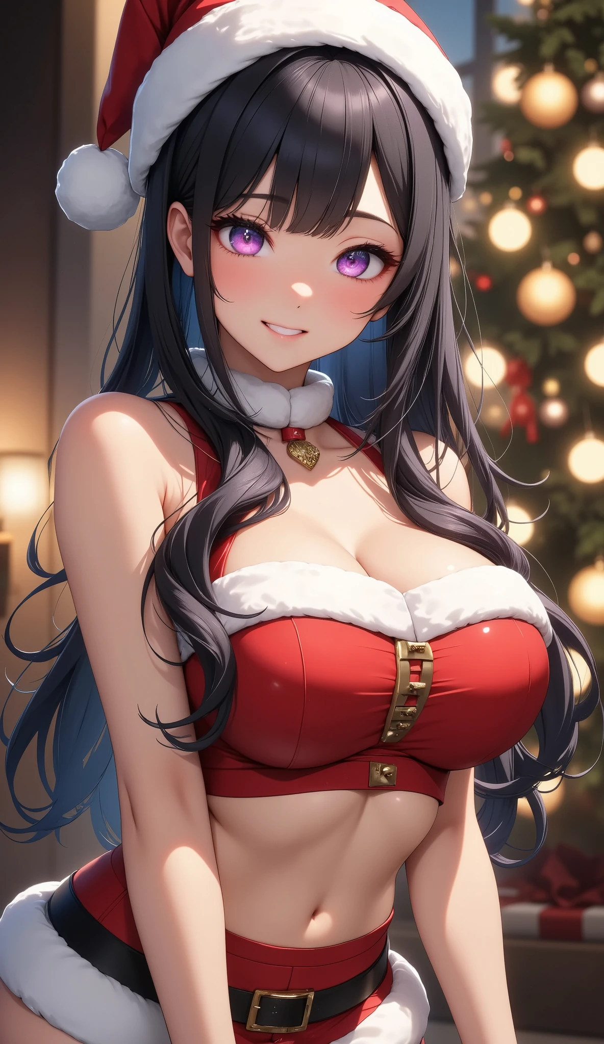 A sexy santa girl, beautiful detailed eyes, beautiful detailed lips, extremely detailed face, long eyelashes, (best quality, 4k, 8k, highres, masterpiece:1.2), ultra-detailed, (realistic, photorealistic, photo-realistic:1.37), HDR, studio lighting, vivid colors, portrait