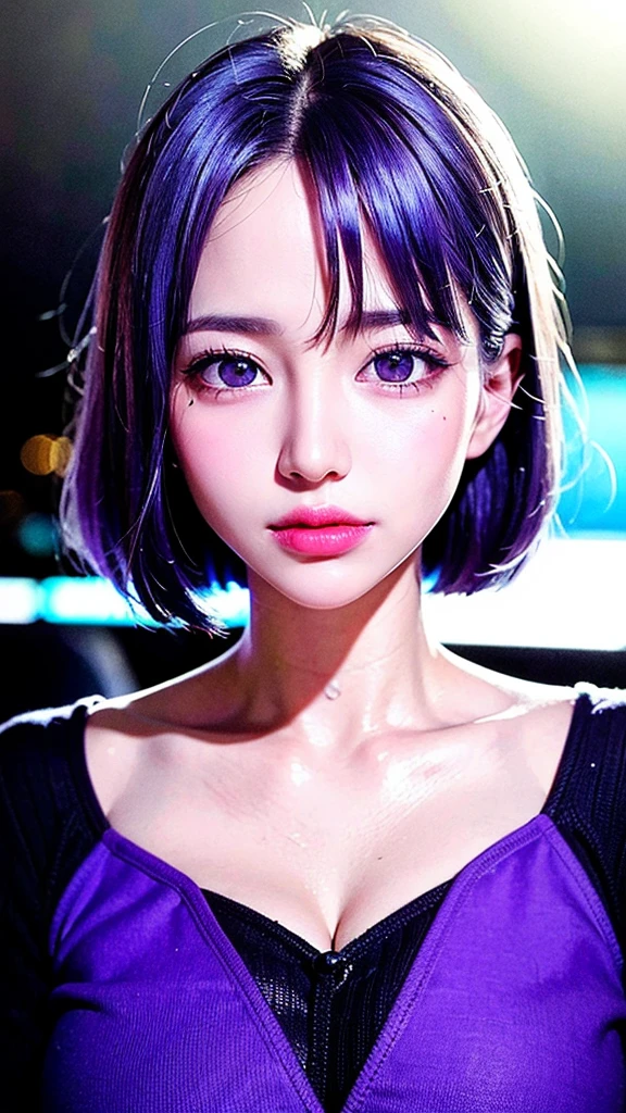 (best quality, masterpiece:1.2),ultra detailed,(photo realistic:1.4),solo,cute girl,(colorful illumination:1.1),light_particles, summon,on hand,luminescence_circle_background,Blunt Bangs, purple eyes, long dark blue hair, naked, nude, big breast