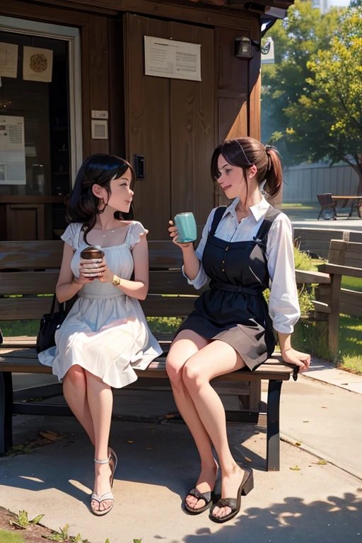 mom and daughter are sitting on a bench and drinking tea with dryers