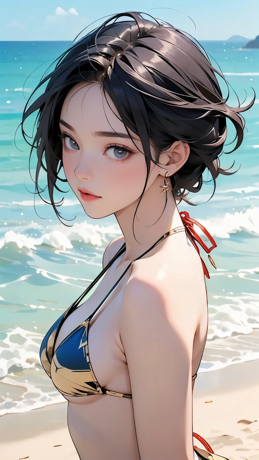  1 girl,   young 、(  bikini style:1.2),  smaller breasts、Walk along the beach,  sunshine on stilet, (masterpiece),(Highest_quality),   Ultra High Resolution , ultra detail,  raytracing 、Cinematic lighting、photograph, 8k,  high definition , ( perfect anatomy:1.2),(Beauty of form:1.4) Golden Ratio,  Big Eye,(Natural Providence :1),