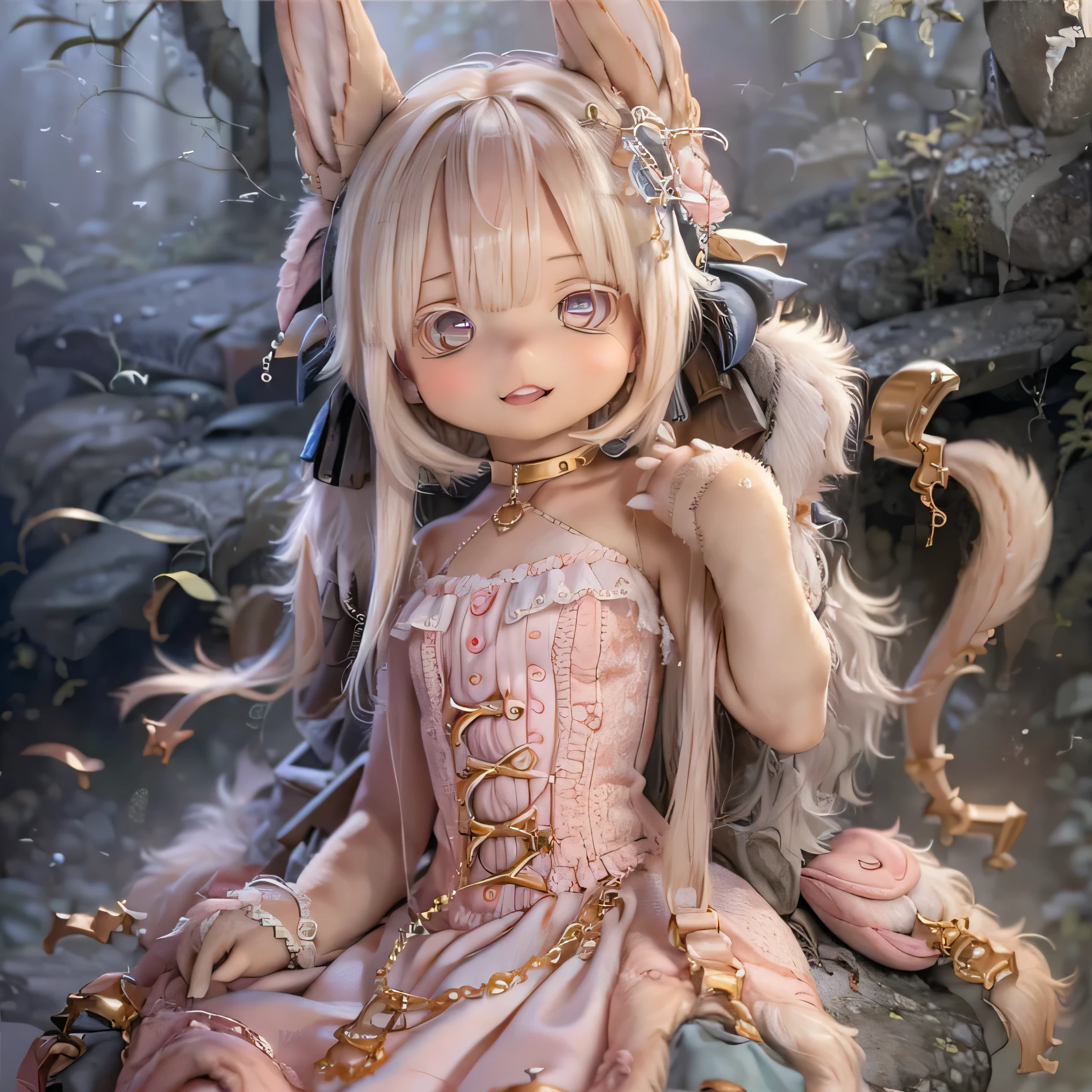 in the garden, smile,   photorealistic rendering with a warm and bright atmosphere Photorealistic rendering similar to  .        Similar to a forest setting       ,     it combines         ,  Beautiful eyes and lips .  (((chibi style,))) .  The image quality is excellent,     Highly detailed and realistic features   . The medium of this work is、            I created an illustration   .. The colors are vivid、        illumination、    Made in Abyss  、use              。 whole body(((((         cute pink dress         )))))Contrasting cute poses