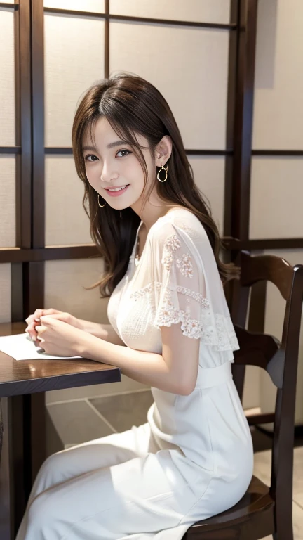first person perspective, (masterpiece:1.3), High resolution, Super detailed, Highly detailed CG Unity 8k wallpaper, realistic, photo-realistic, RAW photo, beautiful and detailed face, white skin, realistic glistening skin, fine fabric texture, detailed hair texture, perfect body, beautiful face, Accurate, anatomically correct, Highly detailed face and skin texture, natural neck length, (beautiful hands), (Fair skin:1.2), thin legs, thin legs, neatly aligned teeth, break, fine eyes, symmetrical eyes, light brown eyes, double eyelid, thin eyebrows, (glossy lips:1.4), ((挑発的なsmile:1.2)), (blush:1.3), break, (classy and cute girl:1.3), (1 girl), (He is wearing an elegant light purple button shirt.:1.2), break, (Navy color irregular hem long skirt:1.2), (mini skirt), medium breasts, (slender body shape:1.1), strong abdominal muscles, beautiful clavicle, (dark blonde hair, wavy hair, long hair:1.2), ((asymmetrical bangs:1.2)), ((put your hand around your mouth and whisper:1.3)), break, (standing leaning forward), ((in the outdoor 'Biergarten' of Japan at night:1.2)), (night), (night), (night), looking at the viewer, From above:0.5,smile,laughter,A big smile,shot from behind、beautiful back、sexy、