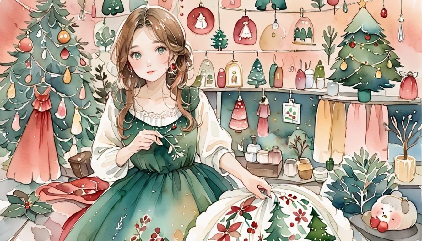 32K, Beautiful woman decorating a Christmas dress, Watercolor, Cute pop illustrations, Earth color background ,