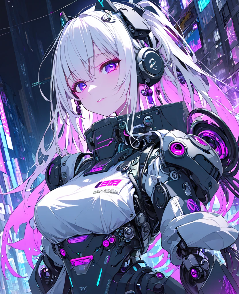 1 Girl, Solo, futuristic cyborg android, Colorful, purple Eyes, Cyberpunk, Mechanical Scrap Zone, Cityscape, Earrings, Long Messy White Hair, Mechanical Hat, Mechanical Body, Robotic Arm, Mecha, Robot girl, Mechanical Maiden, Neon Lights, Beautiful Lights, Character Focus, CG Illustration, 8k Resolution, Very Detailed, Anatomically Correct, Digital Painting, Concept Art, Clear Picture. Monochrome. Purple lights. Black lights.), Futanari, cock, condom, bath, penthouse.