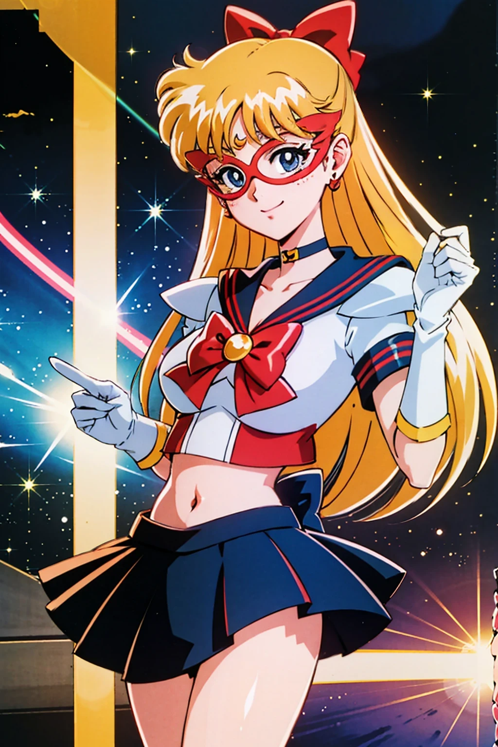 (masterpiece,highest quality,Super detailed,8k,High resolution,an extremely delicate and beautiful,Official Art,Perfect Anatomy:1.5),((90s anime,90s anime style,Cel-shaded anime,anime screencap,anime coloring:1.25)),(solo:1.5), perfect face,beautiful,sexy,athletic body,shiny skin,(EPTakeuchiNaokoStyle:1.7),((sailorv:1.52)),(mask:1.7), blonde hair, long hair, hair bow, blue eyes, crescent facial mark, forehead mark, earrings magical girl, sailor senshi uniform, white choker, crop top, red bow, jewelry, midriff, navel, white gloves, blue skirt, miniskirt, blue high heels (dynamic boxing pose:1.25), Strong lighting,born,Color Theme Red, dramatic light, (Expression of joy:1.4),magician, spell magic, magic circle, ((Magic in the hands)),(Use Fire Magic:1.14),Fire Magic, Imaginative Overlays, Artistic Fusion,Fantastic scene, moving story, Impressive visuals, (Shining Eyes),blends well with the eye,blends well with the eye,Eye focus,(Carefully crafted brilliance, Lens flare:1.7),(Expressions of joy:1.51),Octane Rendering,Rainbow Paint Drops,Woman made of paint,Full Paint,(Movie Background),Splat,splash,Dark and blurry background,close,(Best writing, Very delicate and beautiful),Beautiful sparkle in every detail,(Soft Light:1.2),(soft money tone lighting),W腕 and Soft Lighting,dramatic light,((Cinematic Light)),Ambient Occlusion,Zhou Xianguang,Intense,powerful,Absolutely eye-catching splashes of color,((caustic)),ray tracing reflection,The light shines,morning,bust,