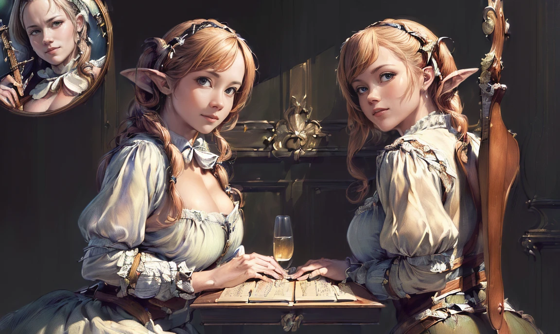 masterpiece, 8K, UHD, photo-realistic:1.3), enchanting woman with large breast, flowing auburn hair, (mesmerizing emerald eyes:1.2), playing a grand piano, dimly lit room, cascading moonlight, (elegant crimson gown:1.1), intricate lace details, polished mahogany floor, towering arched window, nocturnal ambiance, (silvery moonbeam:1.2), tranquil, poignant atmosphere, subtle reflection on the piano's glossy surface, extreme close-up, enchanting smile, richly textured wallpaper, vintage candelabrum, flickering candles, delicate music notes in the air