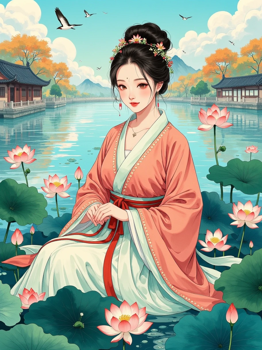 1girl,  full body image , beautiful belly, Elegant, eyes like autumn water, Sakura lips, Breast augmentation, High nose, exquisite egg-shaped face, Drooling hair, titanium white, pearlescent powder, Bright silver, titanium blue, flower blue, garcinia yellow, sky blue, pink, beautiful collar, Coloring, extreme photography Chinese painting, Chen Yanning painting style, rendering background, whole body, Long shot, The character is in the middle of the picture, Genre painting, cowboy shot, wide shot, Ultra-Wide Angle, UHD, accurate, anatomically correct, textured skin, award winning,  highres icon, 16k
