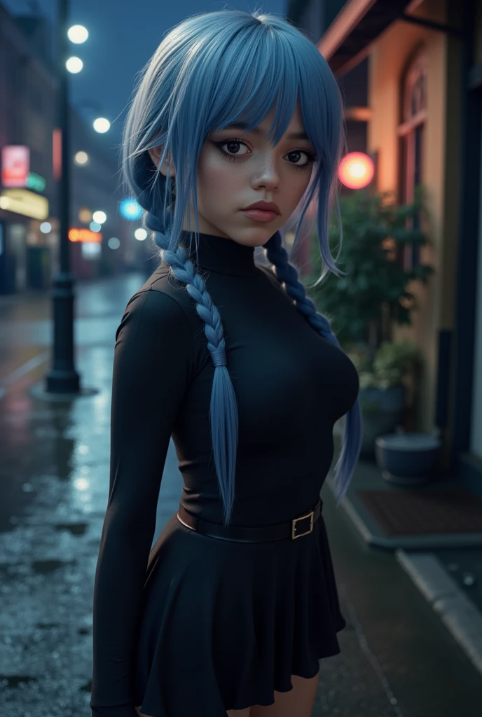 ((j3nnaort3ga:2)), Ultra realistic, cosplaying as Mei Mei from Jujutsu Kaisen, 22 years old, with light peach skin that has a natural, smooth complexion and subtle variations in tone. Her small, sharp dark brown eyes (dark purple) are detailed and expressive, with thin, natural-looking eyebrows. Her long blue-tinted silver hair is styled into two braids—one that partially covers her face with realistic, soft-looking strands, and the other hanging down her back past her shoulders, with a slight sheen and natural movement.

She wears a form-fitting dark bodysuit with an attached skirt, designed to look like high-quality, matte fabric with realistic texture and creases that follow her body’s natural curves. Underneath, she has pants that tuck into light brown boots, which have a worn-in, realistic leather texture. The boots are detailed with subtle scuffs and creases, adding to the authenticity.

Mei Mei's expression is calm and relaxed, with a confident and slightly aloof demeanor. Her facial features are rendered with high realism, capturing the natural contours of her face and the subtle play of light and shadow. Her makeup is minimal and natural-looking, enhancing her features without appearing overly stylized.

The setting is a dimly lit, urban environment with a gritty, realistic texture. The background features a cityscape at night, with detailed, photorealistic elements like streetlights and buildings. The lighting is cinematic, with soft, natural shadows and highlights that accentuate the textures and contours of her outfit and skin.

The image is rendered with a high level of detail and realism, focusing on the textures of her hair, skin, and clothing. The lighting and color grading are natural and balanced, avoiding any overly saturated or artificial tones. The overall composition is designed to highlight Mei Mei's character and presence, with a focus on her calm, confident demeanor and the realistic details of her appearance and surroundings.