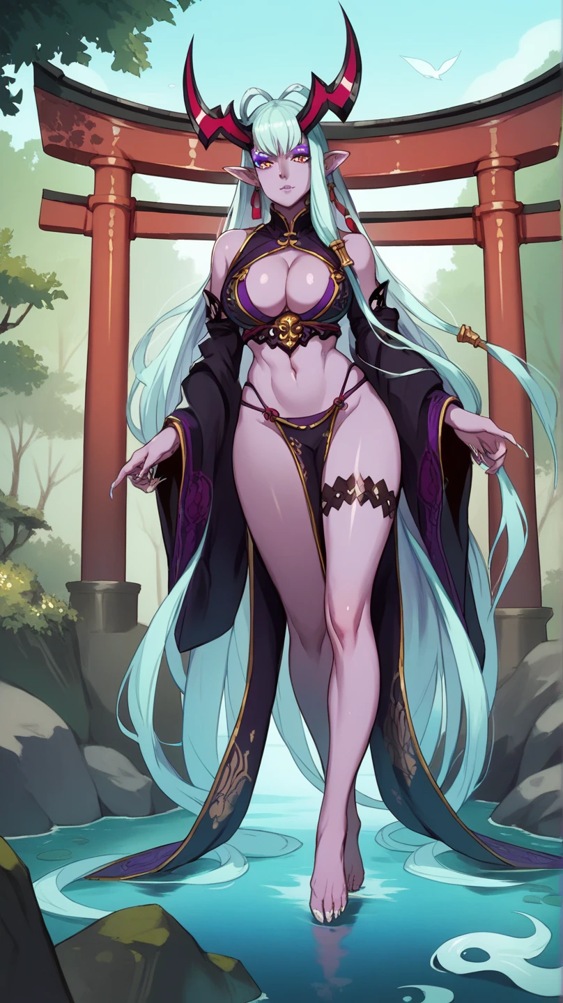  cyan long hair ghost horns purple skin adult female，Big Boobs，cleavage，Japanese Armor，Scapula，Bare arms，Bare waist，thong，Bare Legs，barefoot，Pointed nails，Standing，tall，torii，river，warrior