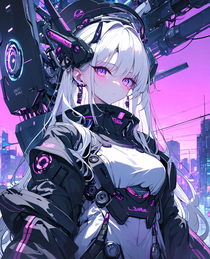 1 Girl, Solo, futuristic cyborg android, Colorful, purple Eyes, Cyberpunk, Mechanical Scrap Zone, Cityscape, Earrings, Long Messy White Hair, Mechanical Hat, Mechanical Body, Robotic Arm, Mecha, Robot girl, Mechanical Maiden, Neon Lights, Beautiful Lights, Character Focus, CG Illustration, 8k Resolution, Very Detailed, Anatomically Correct, Digital Painting, Concept Art, Clear Picture. Monochrome. Purple lights. Black lights.), Futanari, cock, condom, bath, penthouse.