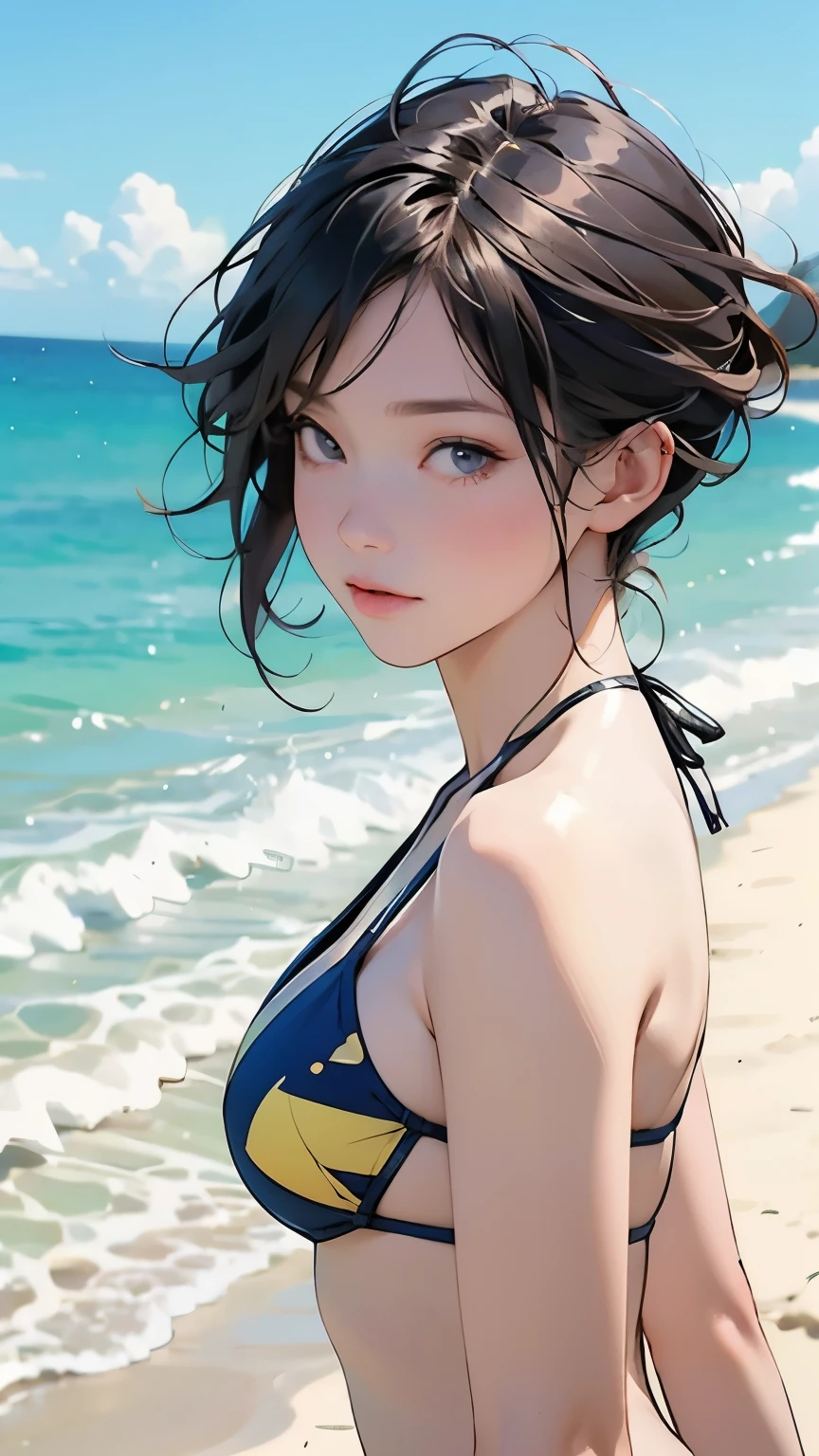  1 girl, Very young face、(  bikini style:1.2),  smaller breasts、Walk along the beach,  sunshine on stilet, (masterpiece),(Highest_quality),  Ultra High Resolution , ultra detail,  raytracing 、Cinematic lighting、photograph, 8k,  high definition , ( perfect anatomy:1.2),(Beauty of form:1.4) Golden Ratio, Big Eye,(Natural Providence :1),