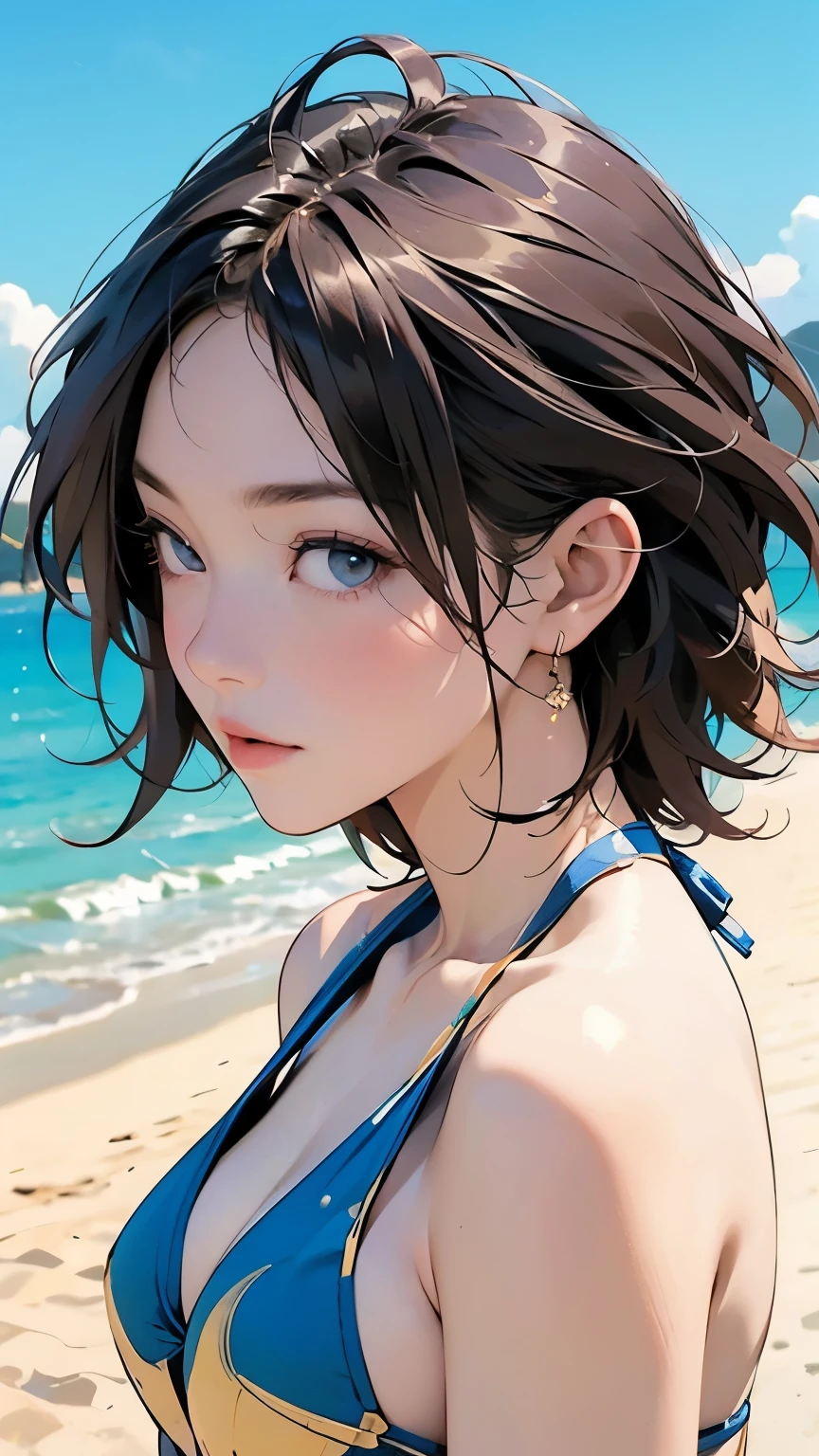  1 girl, Very young face、(  bikini style:1.2),  smaller breasts、Walk along the beach,  sunshine on stilet, (masterpiece),(Highest_quality),  Ultra High Resolution , ultra detail,  raytracing 、Cinematic lighting、photograph, 8k,  high definition , ( perfect anatomy:1.2),(Beauty of form:1.4) Golden Ratio, Big Eye,(Natural Providence :1),