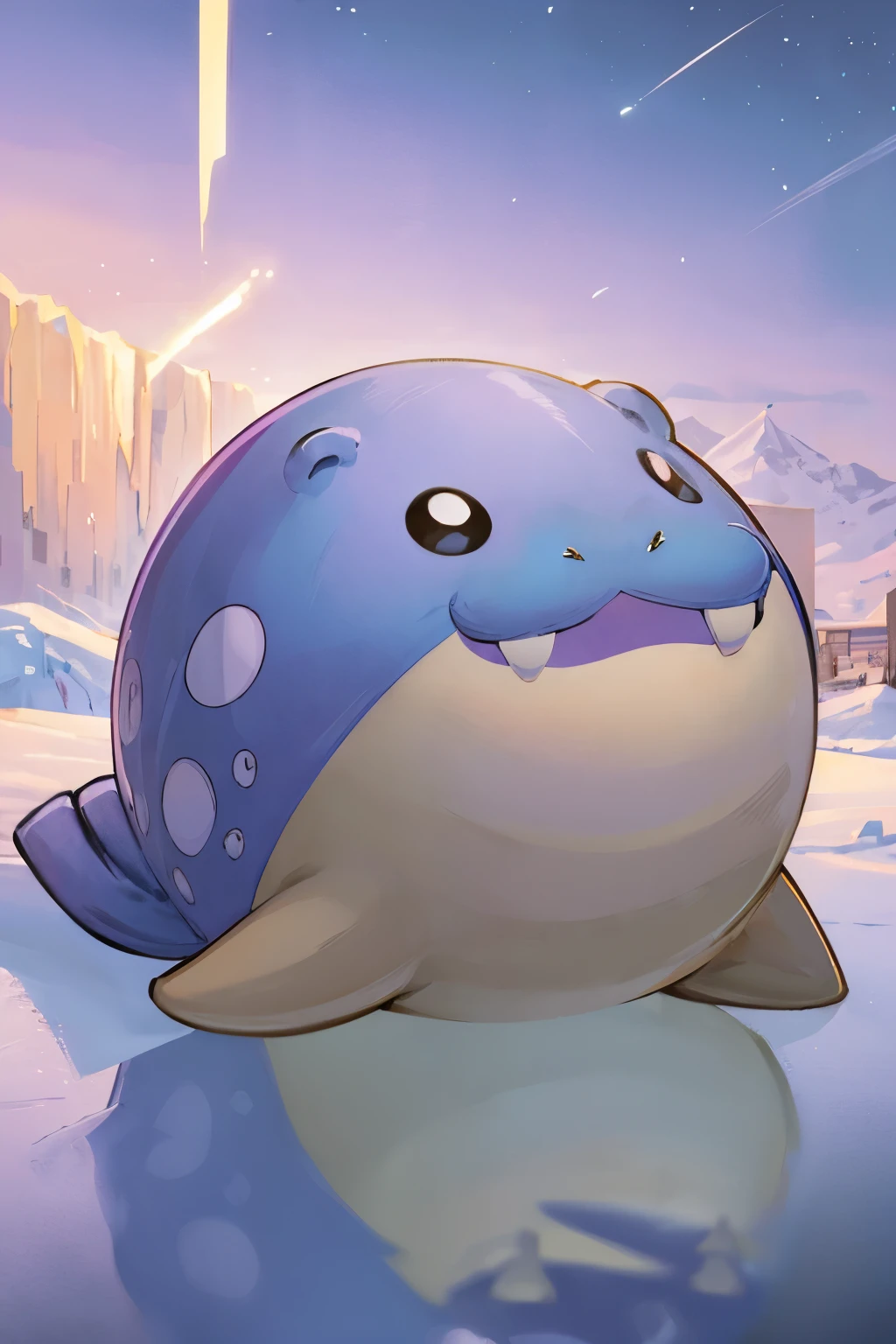 ((spheal and girl)), big spheal, Round creatures,  Pokémon,  girl riding Pokémon ,  girl with light purple hair ,  girl in brown duffle coat,  anatomically correct limb, Northern ice floes , Evening Light,  high definition ,  Details