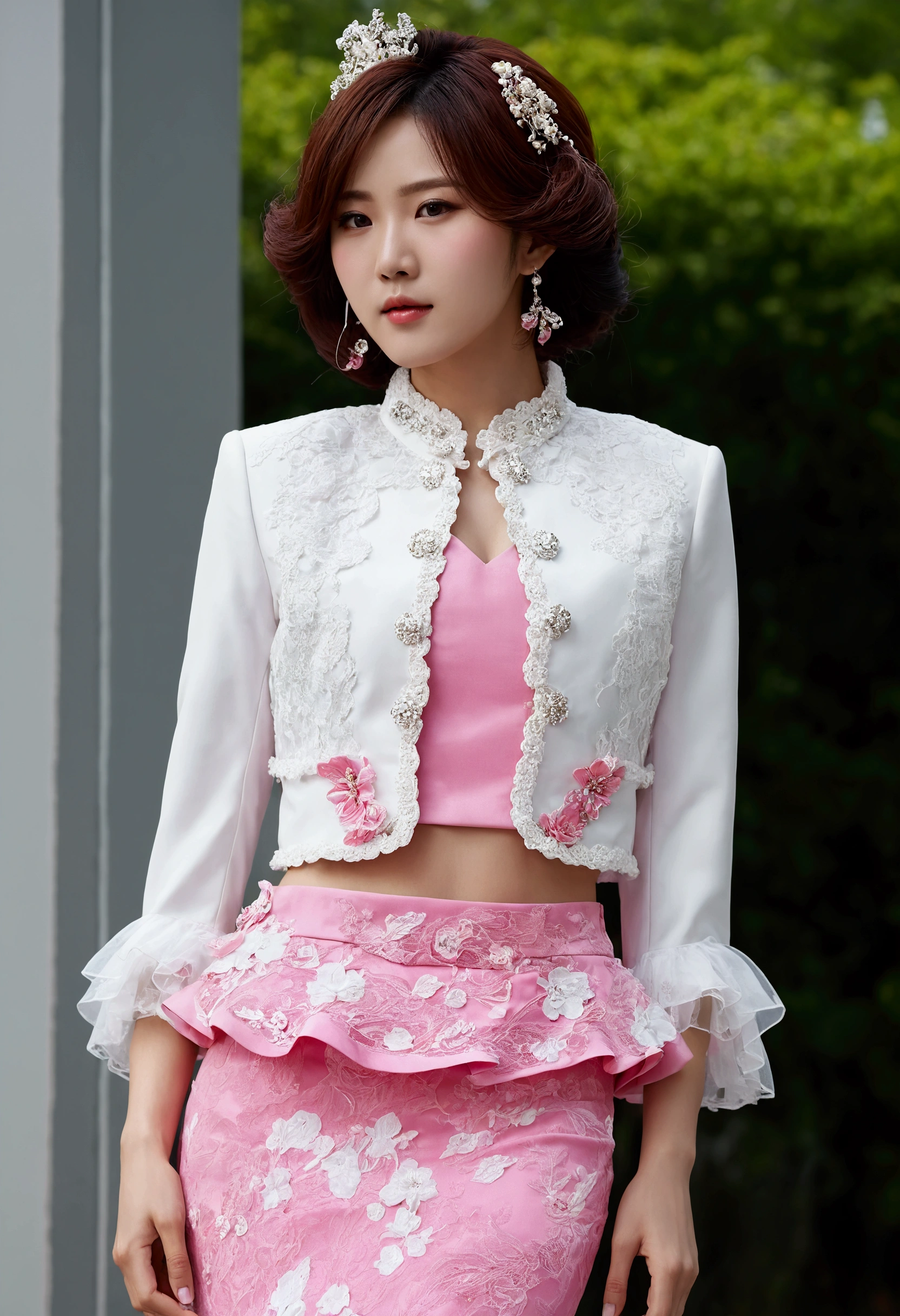 A Korean man is wearing a ladies' skirt suit, a beautiful skirt suit, he is a crossdresser, he has big breasts on his chest like a woman's, his face is very masculine, his hair is masculine short, pink and white, frills and lace. Decoration, lady's dress, two-piece, cropped jacket, small jacket, round neck jacket, China collar jacket, mermaid dress