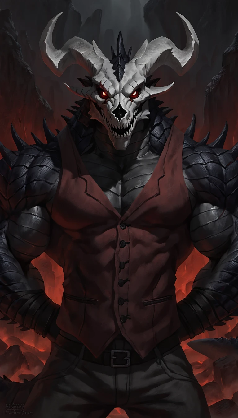 dragon like anthro lizard, hands behind back, anthro dragon, solo, portrait, scaly, detailed scales, experienced predator, dragonic, monster, mercenary, grin, open mouth, black scaly body, matte body, toned, muscular anthro, big muscles, big horns, wearing vest and pants, wearing red shirt, detailed scales, scars on body, 1male solo, anthro, muscular, thick neck, thick tail, skull head, marked jaw, Helltaker style, underground cave city background, darkness, horror, best quality, 4k, ultra-detailed, by laobai, by taran fiddler, by honovy