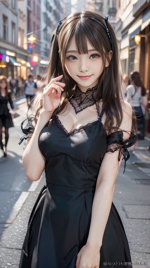 Realistic, masterpiece, Highest quality, Highest Resolution, One Japanese woman, Smile, Fine and beautiful eyes, Sparkling eyes, (With keen eyes:1.4), Thin eyebrows, Gives lashes a delicate finish, False eyelashes, Natural Makeup, (Braided hair, Blunt bangs, Brown Hair:1.2), Detailed face, She is looking slightly to the side, Always observe the audience, Grin, (Cheeks pink:1.2), (Perfect for the warm season、Sexy gothic dress that exposes the chest:1.3), Upper body photo, Portraiture