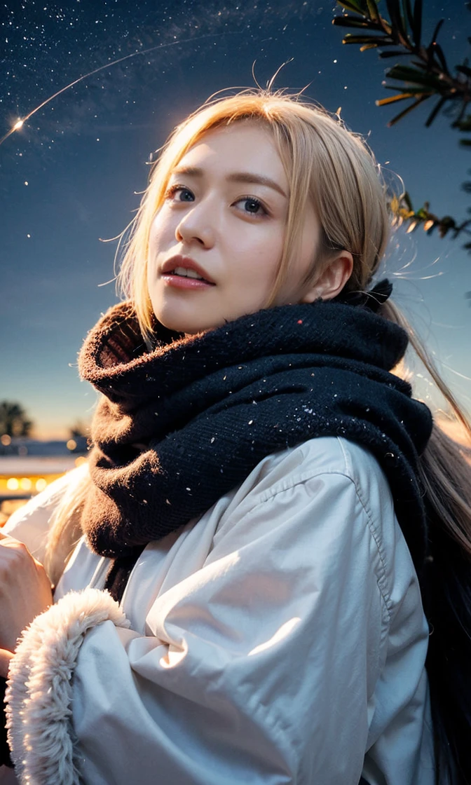 1girl, ahoge, bangs, blonde hair, blowing kiss, blue eyes, blue scarf, brown scarf, cleavage, closed mouth, eyelashes, face, floating hair, hair between eyes, heart, lips, lipstick, long hair, looking at viewer, makeup, night sky, nose, one eye closed, orange scarf, pink lips, pink scarf, portrait, purple eyes, realistic, red lips, red scarf, scarf, signature, smile, solo, space, spoken heart, star (sky), starry sky, upper body, watermark, yang xiao long, yellow scarf