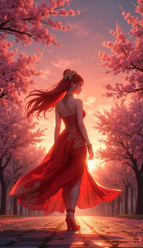  A beautiful young Korean woman .
Long red hair down to her feet .
 She is dressed in an exotic dress .
 She is walking down a street with cherry trees.
 A shimmering sunset , obfuscating,  red gradient , lilac, orange, green.
Scene seen from behind 
Anime style