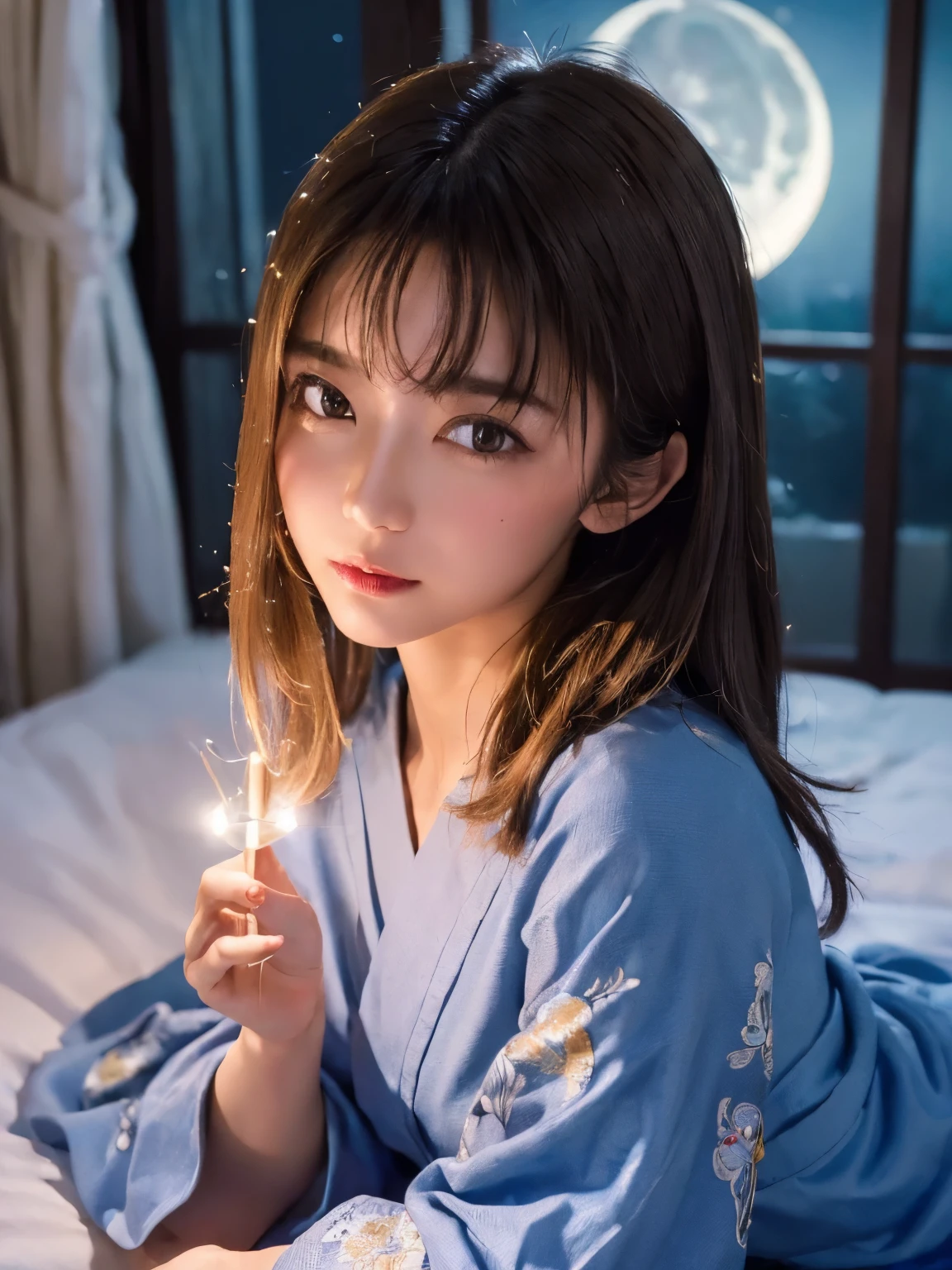 (masterpiece, super detailed,8k, top quality:1.5),(( very cute )), Max Image, Two-dimensional beauty , Sensual Body , intricate details,charm,  Realistic Textures , charmな,(moonlight、Firefly Light:1.3),(Blue yukata), lie down in bed